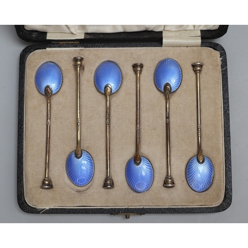 1 - Set of 6 hallmarked silver and machine enameled tea spoons in case