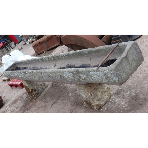 266 - Antique stone feeding trough planter on staddle stone bases - 3760mm long 740mm height 400mm wide(Lo... 