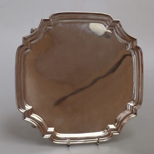 40 - Hallmarked silver salver with incuse corners and lappet scroll feet, 26.5cm square - Approx W: 663g