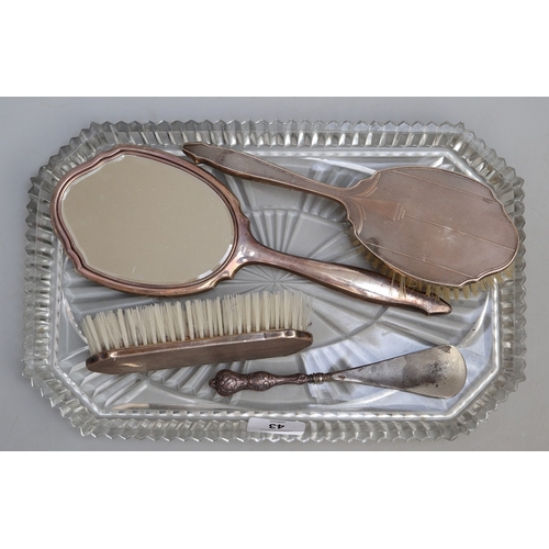 43 - Hallmarked silver dressing table set with glass tray