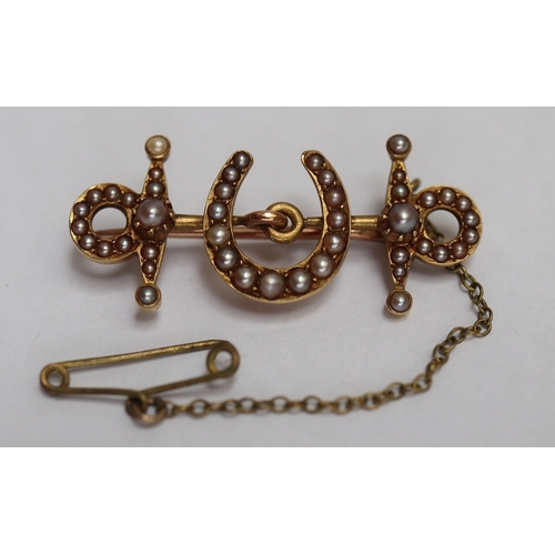 51 - 14ct gold Victorian horseshoe pin brooch set with seed pearls, together with a pair of gold deco dro... 