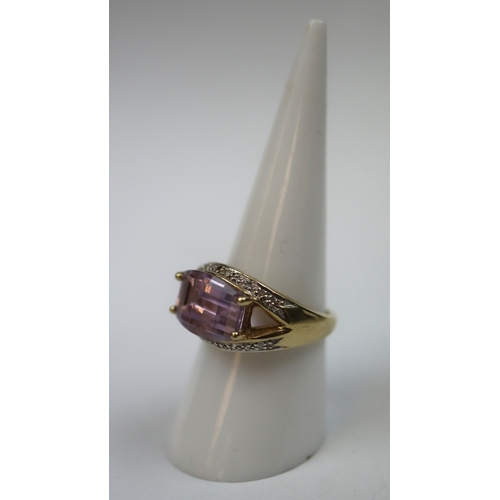 58 - 9ct gold faceted amethyst and diamond ring - Size O - Approx weight 4.4g