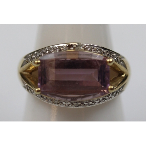 58 - 9ct gold faceted amethyst and diamond ring - Size O - Approx weight 4.4g
