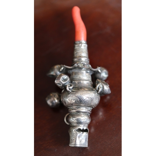 9 - Hallmarked silver baby rattle together with other interesting items