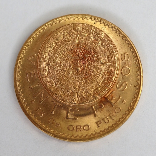 90 - 1959 Aztec Sunstone 20 Peso Gold coin of Mexico .900 purity approx 16.6g