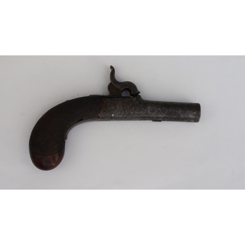 128 - 19thC percussion pocket pistol, inscribed (William Shipley) Brown, Horncastle, hardwood, chequered b... 