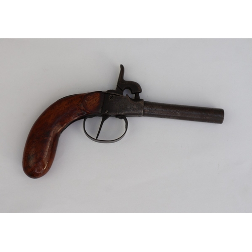 129 - 19thC percussion pocket pistol, centre hammer, boxlock action, ELG Belgian proof mark on barrel, rou... 