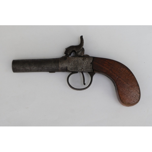 134 - 19thC percussion pocket pistol, Birmingham proof marks, engraved boxlock action, centre hammer, waln... 