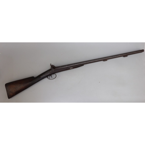 155 - 14 bore double-barrelled, side-by-side, hammer action percussion sporting gun, makers name inscribed... 