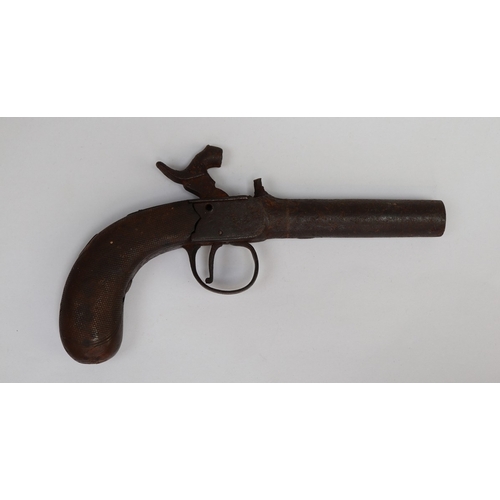 176 - 19thC percussion pocket pistol with bag shaped, chequered grip A/F