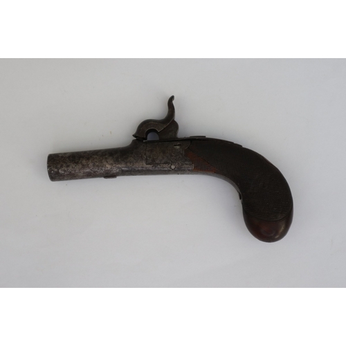 128 - 19thC percussion pocket pistol, inscribed (William Shipley) Brown, Horncastle, hardwood, chequered b... 