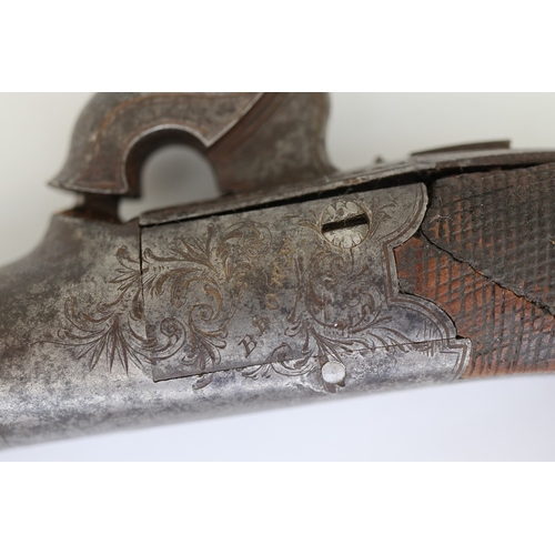 128 - 19thC percussion pocket pistol, inscribed (William Shipley) Brown, Horncastle, hardwood, chequered b... 