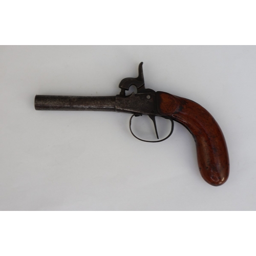 129 - 19thC percussion pocket pistol, centre hammer, boxlock action, ELG Belgian proof mark on barrel, rou... 