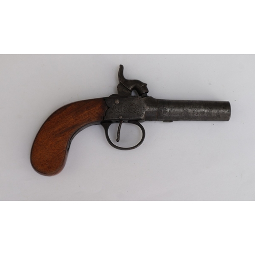 134 - 19thC percussion pocket pistol, Birmingham proof marks, engraved boxlock action, centre hammer, waln... 