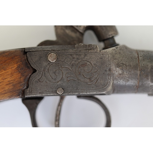 134 - 19thC percussion pocket pistol, Birmingham proof marks, engraved boxlock action, centre hammer, waln... 