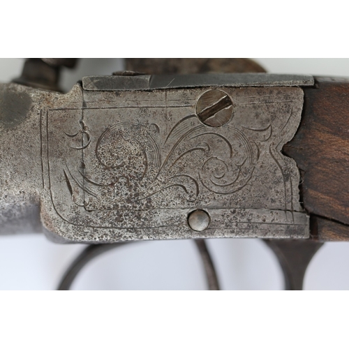 134 - 19thC percussion pocket pistol, Birmingham proof marks, engraved boxlock action, centre hammer, waln... 