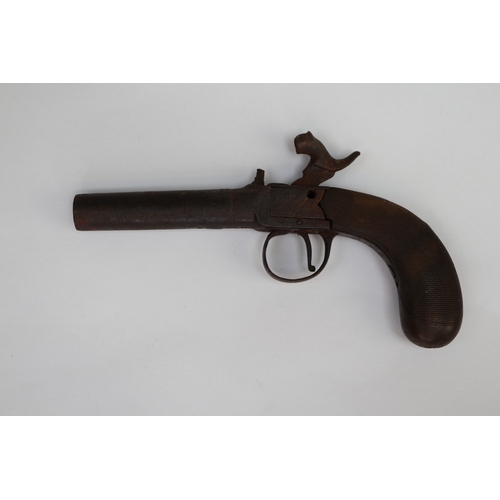 176 - 19thC percussion pocket pistol with bag shaped, chequered grip A/F