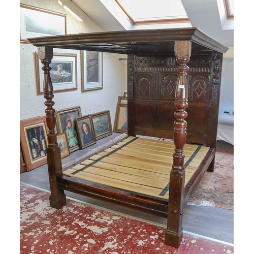 17th century carved oak four-poster bed - Approx L: 207cm W: 167cm H: 188cm