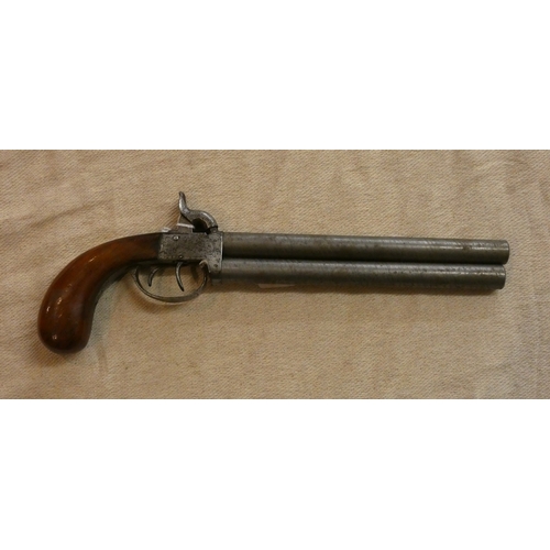 160 - 19thC Percussion double barrel, over 'n' under percussion cap pistol with extra long twist-off barre... 