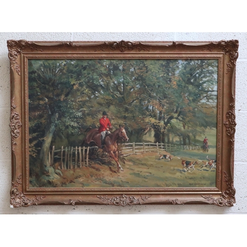 452 - Oil on board - Hunting scene - Approx IS 80cm x 54cm
