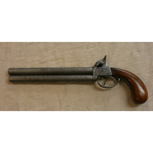 160 - 19thC Percussion double barrel, over 'n' under percussion cap pistol with extra long twist-off barre... 
