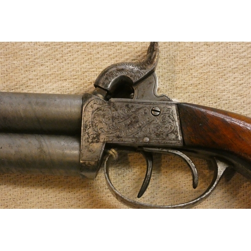 160 - 19thC Percussion double barrel, over 'n' under percussion cap pistol with extra long twist-off barre... 