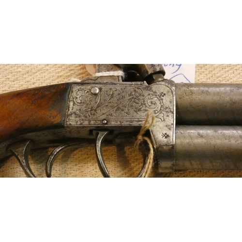 160 - 19thC Percussion double barrel, over 'n' under percussion cap pistol with extra long twist-off barre... 