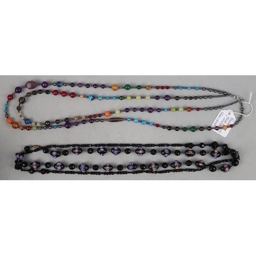 117 - Three strings of vintage bead necklaces &ndash; millefiori, jet and gemstone