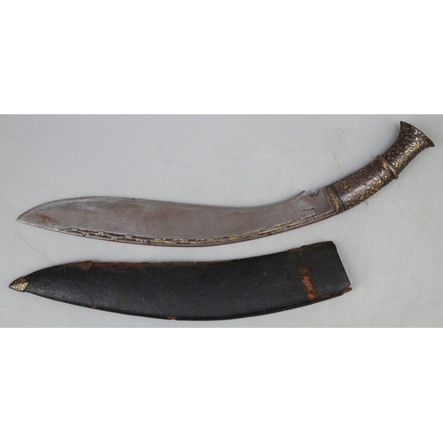 190 - Nepalese khukri with brass inlaid handle and religious etchings in black leather scabbard. Approx bl...