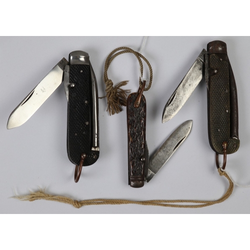 204 - 3 War era folding knives, one by George Wolstenholme, a second with 'Royal Crown and GR and War Dept... 