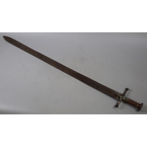 209 - Islamic broad sword with brass cross guard and wooden handle