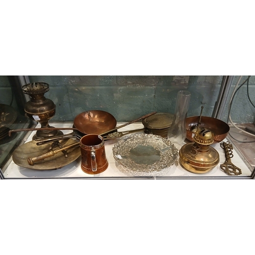 233 - Collection of copper and brass to include oil lamp together with silver plate