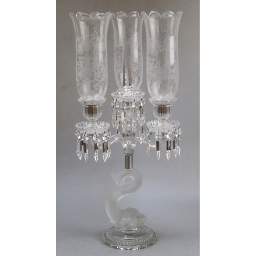 375 - Baccarat candelabra with 3 arms, drop lustre crystal prisms and large hurricane shades. Stamped Bacc...