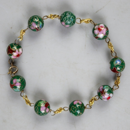 48 - 18ct gold link and wire cloisonne bead bracelet