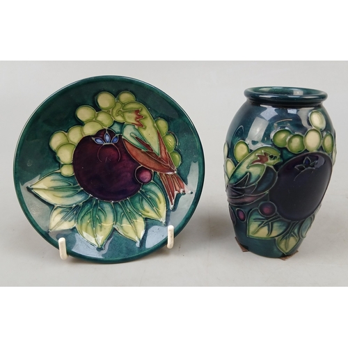 492 - William Moorcroft bud vase and pin dish - Finch pattern by Sally Tuffin