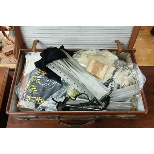 503 - Vintage leather suitcase full of vintage & mid-century linen