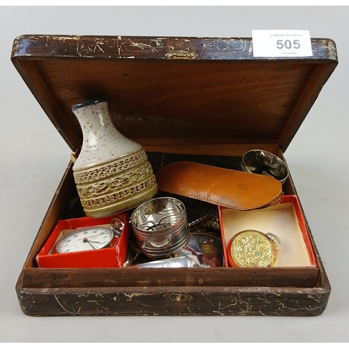 505 - Collectables to include pocket watch, vintage keys, perfume bottle, etc.