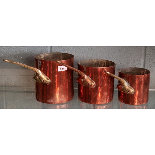 537 - 3 vintage copper and brass handled pans