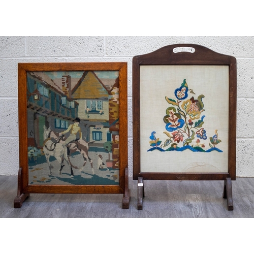 564 - 2 wooden framed firescreens - crosspoint image and embroidered image