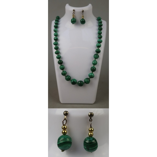 62 - Malachite bead necklace with matching earrings