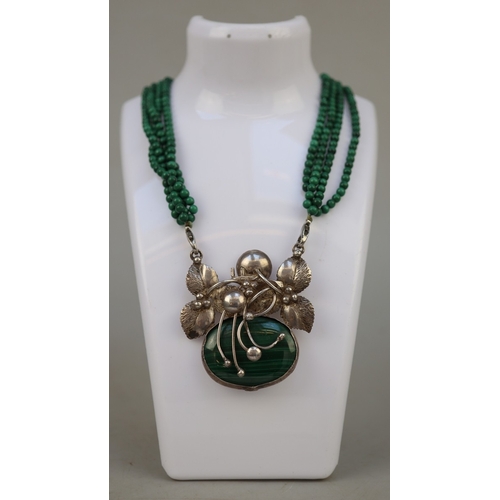 92 - Large vintage malachite and sterling silver pendant on a 4-strand malachite beaded necklace