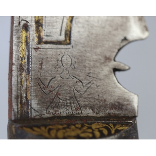 190 - Nepalese khukri with brass inlaid handle and religious etchings in black leather scabbard. Approx bl... 