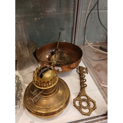 233 - Collection of copper and brass to include oil lamp together with silver plate