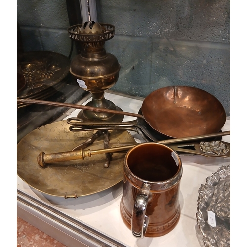 233 - Collection of copper and brass to include oil lamp together with silver plate