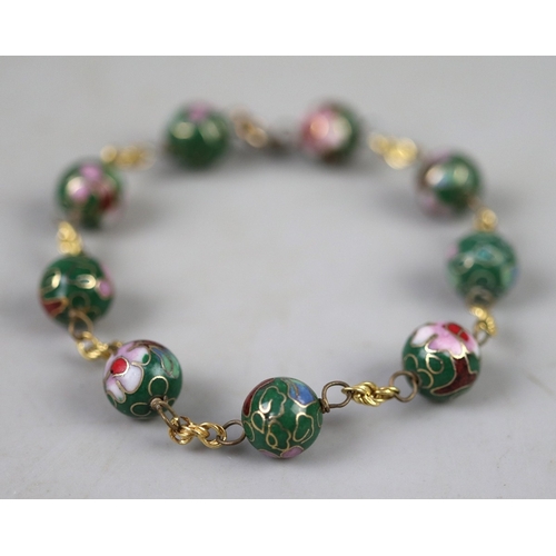 48 - 18ct gold link and wire cloisonne bead bracelet