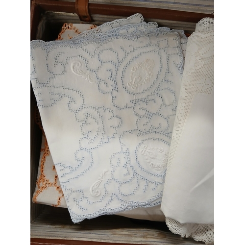 503 - Vintage leather suitcase full of vintage & mid-century linen