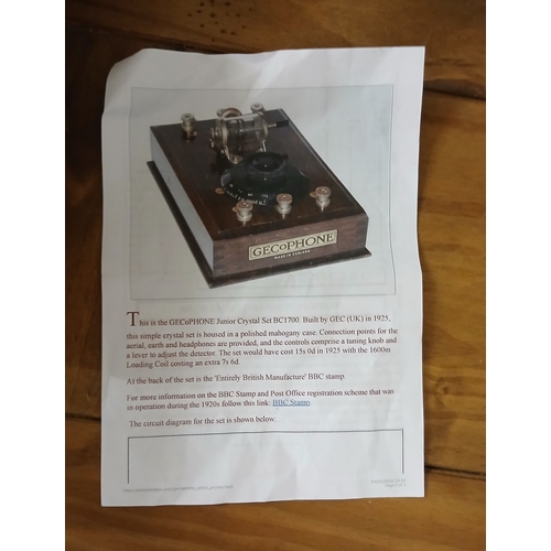 515 - 1925 GECoPhone junior crystal set BC1700 built by GEC (UK) and marked to the rear with a BBC stamp