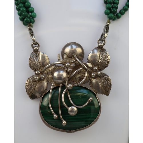 92 - Large vintage malachite and sterling silver pendant on a 4-strand malachite beaded necklace