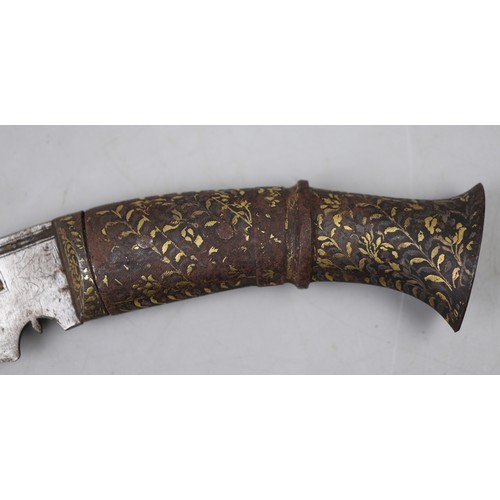 190 - Nepalese khukri with brass inlaid handle and religious etchings in black leather scabbard. Approx bl... 