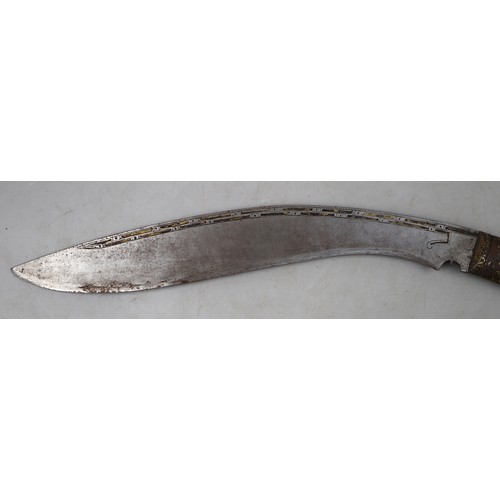 190 - Nepalese khukri with brass inlaid handle and religious etchings in black leather scabbard. Approx bl... 